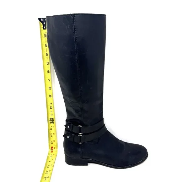 Frye Christie Tall Riding Boots Womens Sz 7.5 Black Leather 2 Buckles Equestrian - Picture 8 of 16